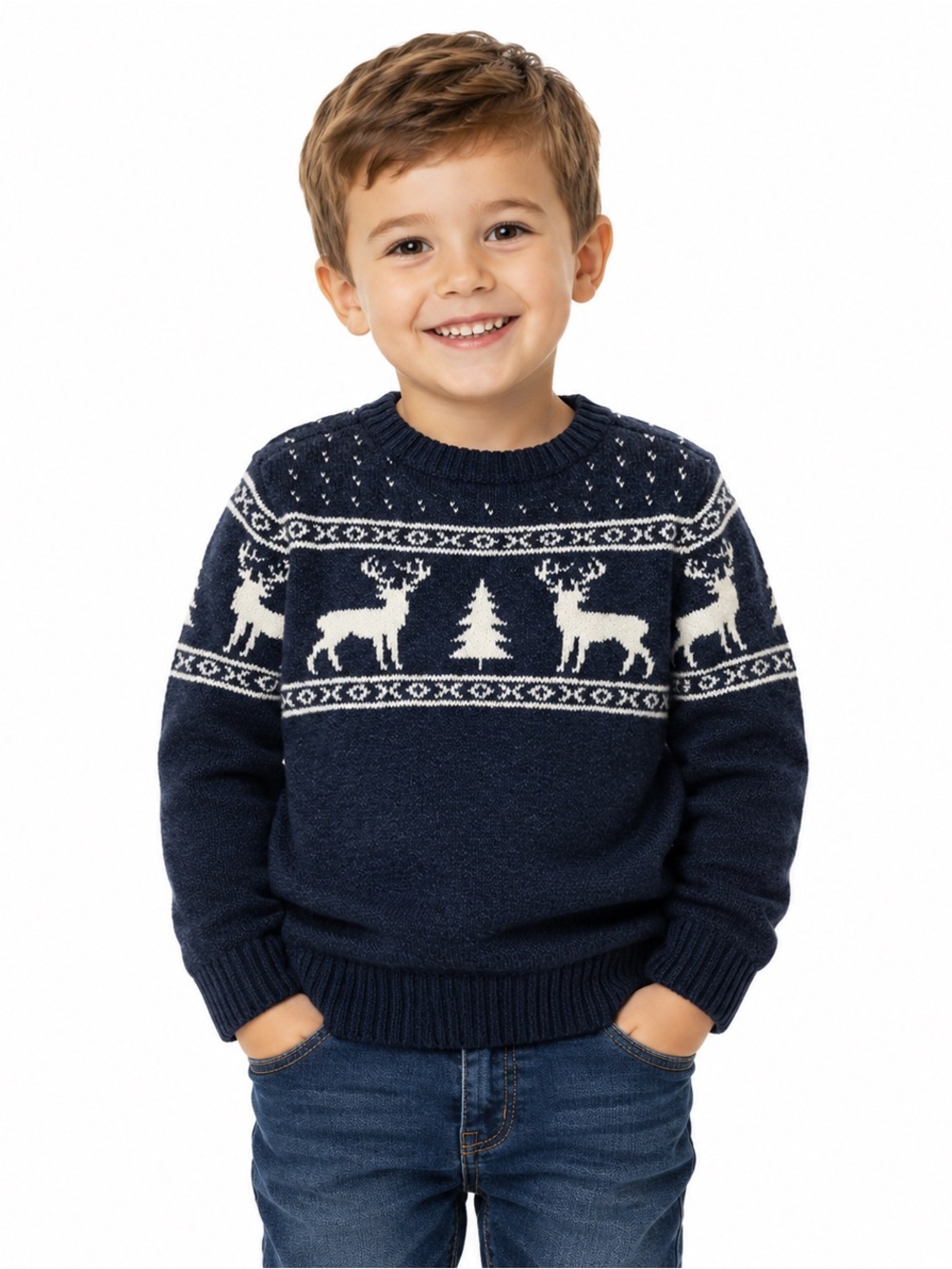 Old Navy Knit Crewneck Sweater Boys 3T ~ Vintage Christmas Reindeer Design